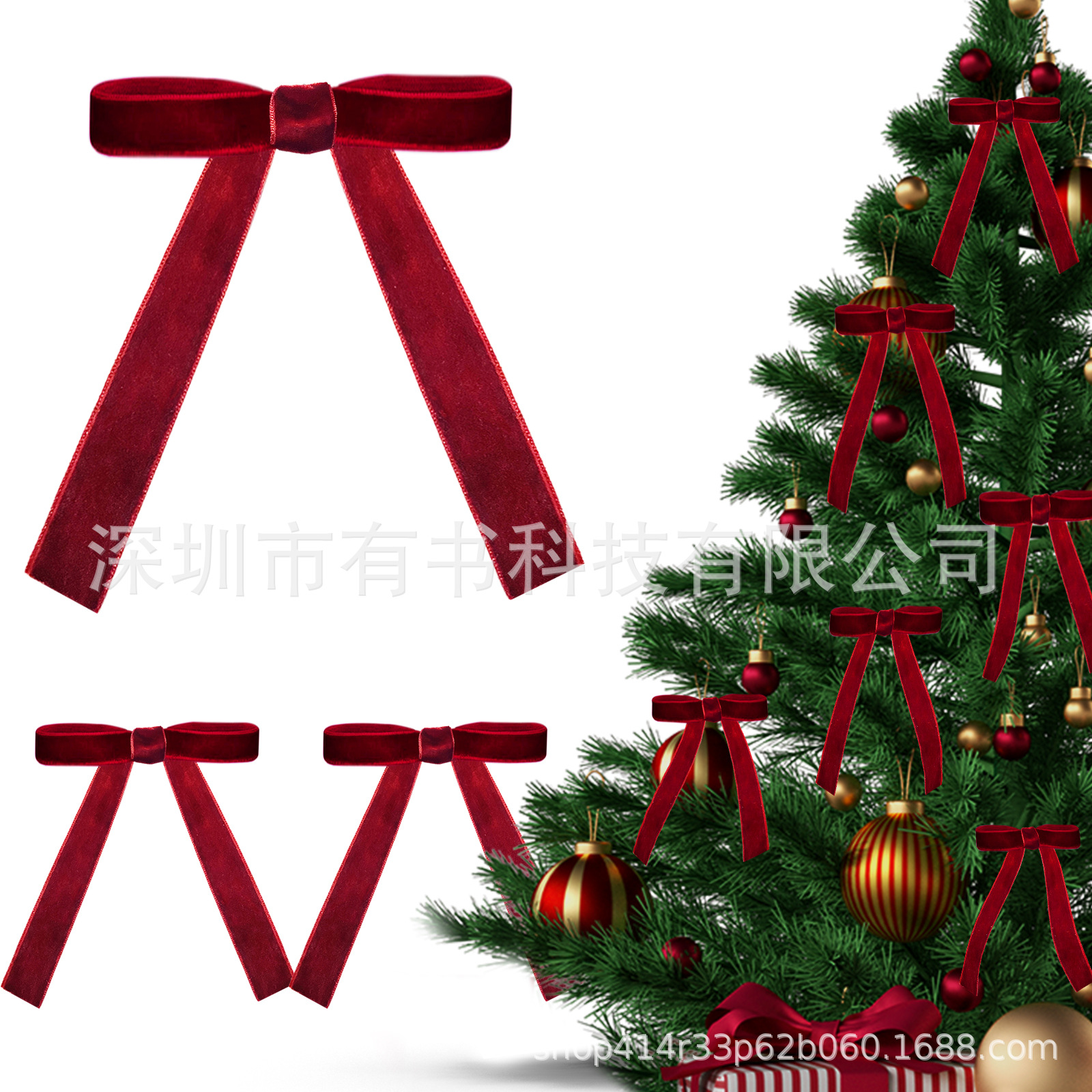 天鹅绒丝带VelvetChristmasBows加宽2cm结圣诞树花环蝴蝶结缎带