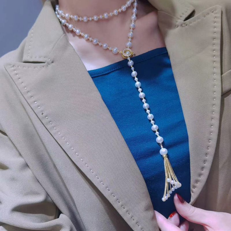 一款多戴珍珠长款裙摆项链女 铜镀真金小香风渐变大小毛衣链批发