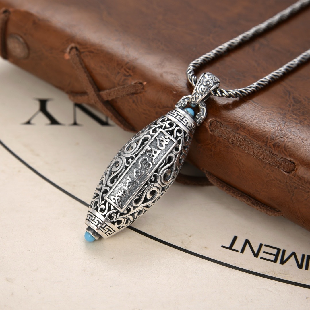 s925纯银招财转运六字真言绿松石九眼天珠吊坠项链复古男女士转动