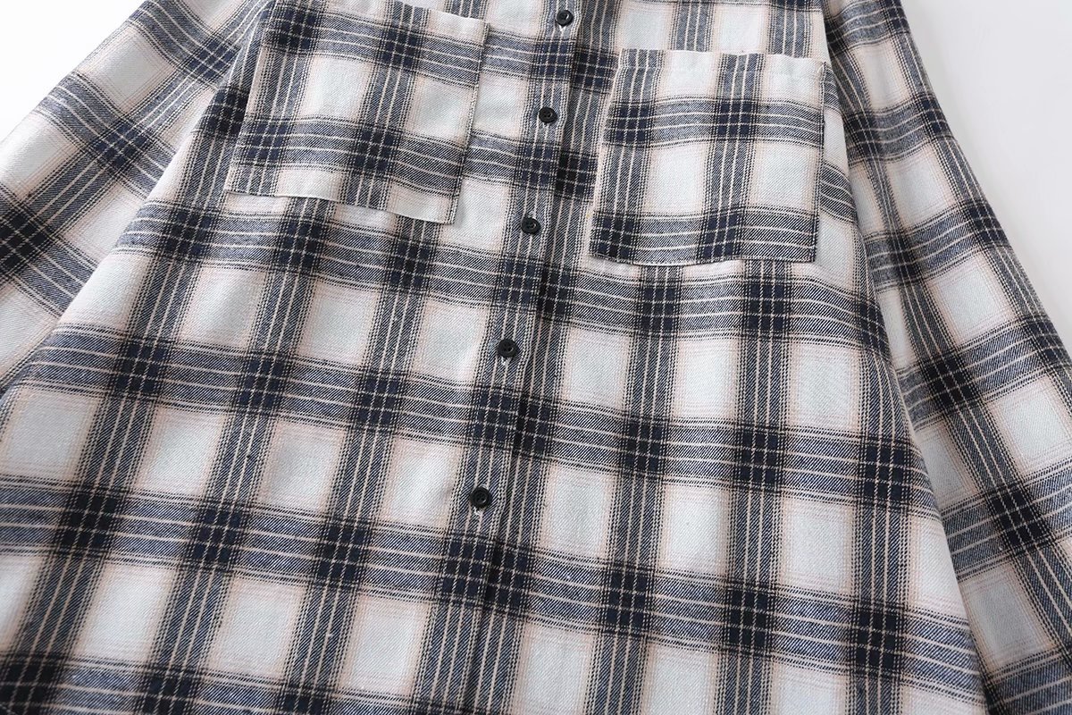 批发2021春新品欧美风女装灰白格长款格子双口袋衬衫