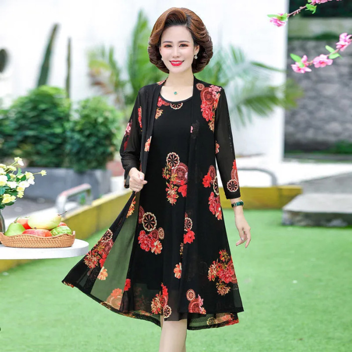 Middle-Aged Women Mom Spring and Autumn Suit Dress Summer Dress Middle-Aged and Elderly Wide Lady Two-Piece Dress Western Style 50-Year-Old 40