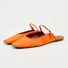ZA2024夏季新款平底鞋女绸缎橙色一字带后空平跟凉鞋欧美浅口女鞋