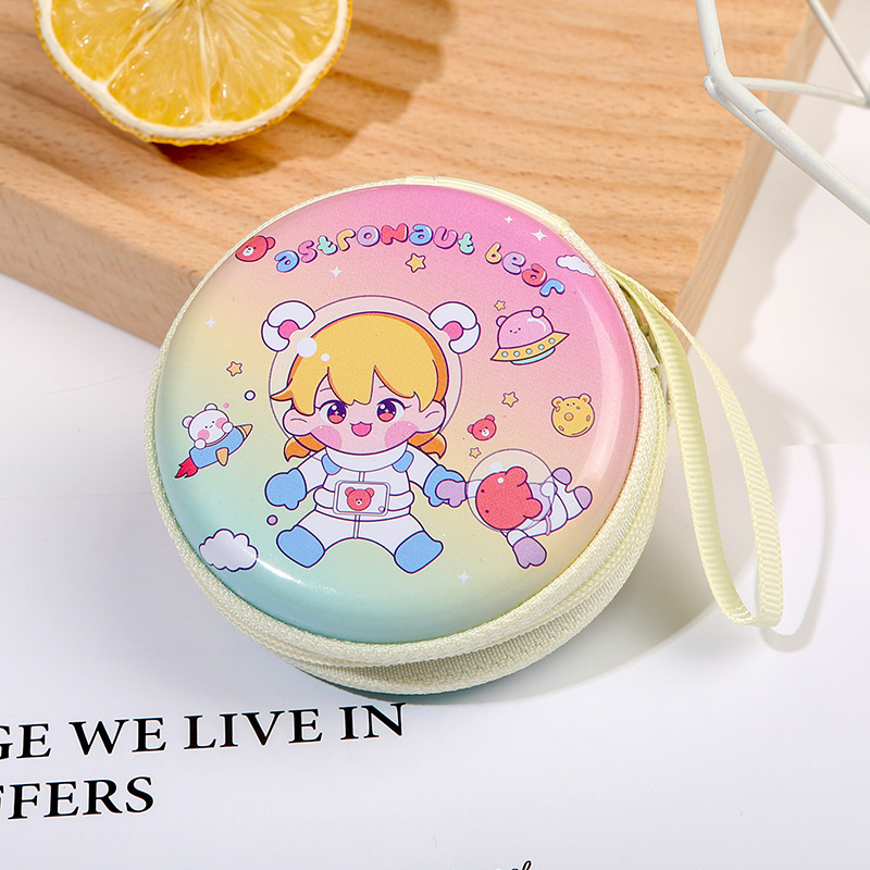 Creative round Tinplate Coin Purse Mini Cartoon Zipper USB Cable Storage Bag Earphone Keychain Small Wallet