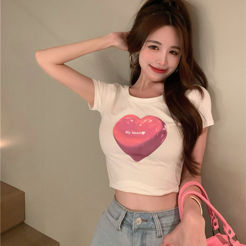 显胸爱心t恤女ins潮短款白色辣妹紧身纯欲风修身短袖上衣夏季新款