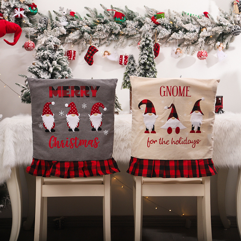 Cross-Border European and American New Christmas Decoration Supplies Checked Cloth Chair Back Cover Linen Machine Embroidered Faceless Chair Cover for the Elderly