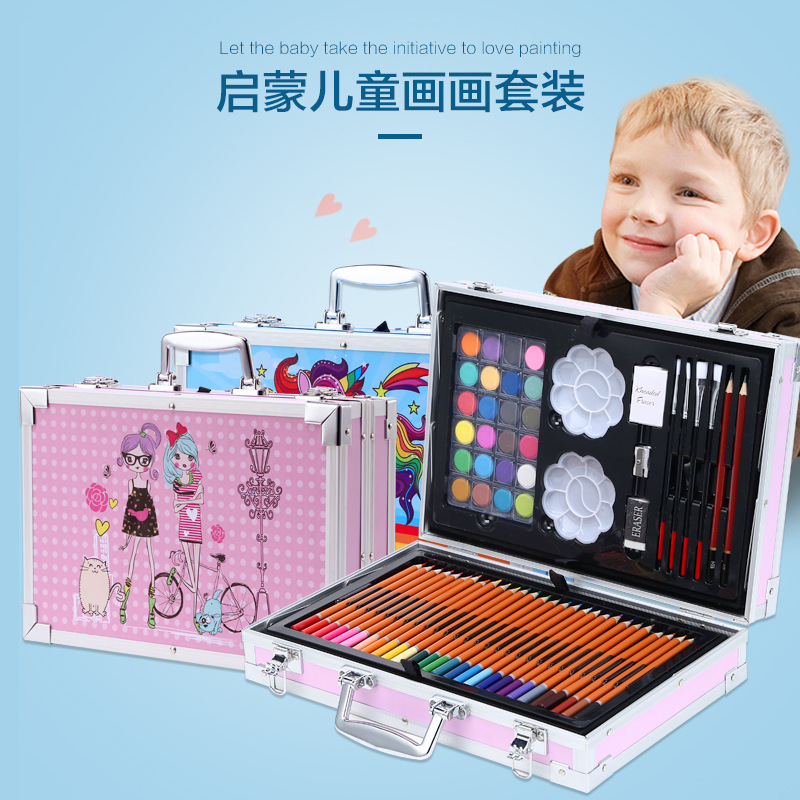 208 Aluminum Box Double-Layer Brush Children's Gifts Primary School Students Art Supplies Drawing Set Watercolor Pens Set Wholesale