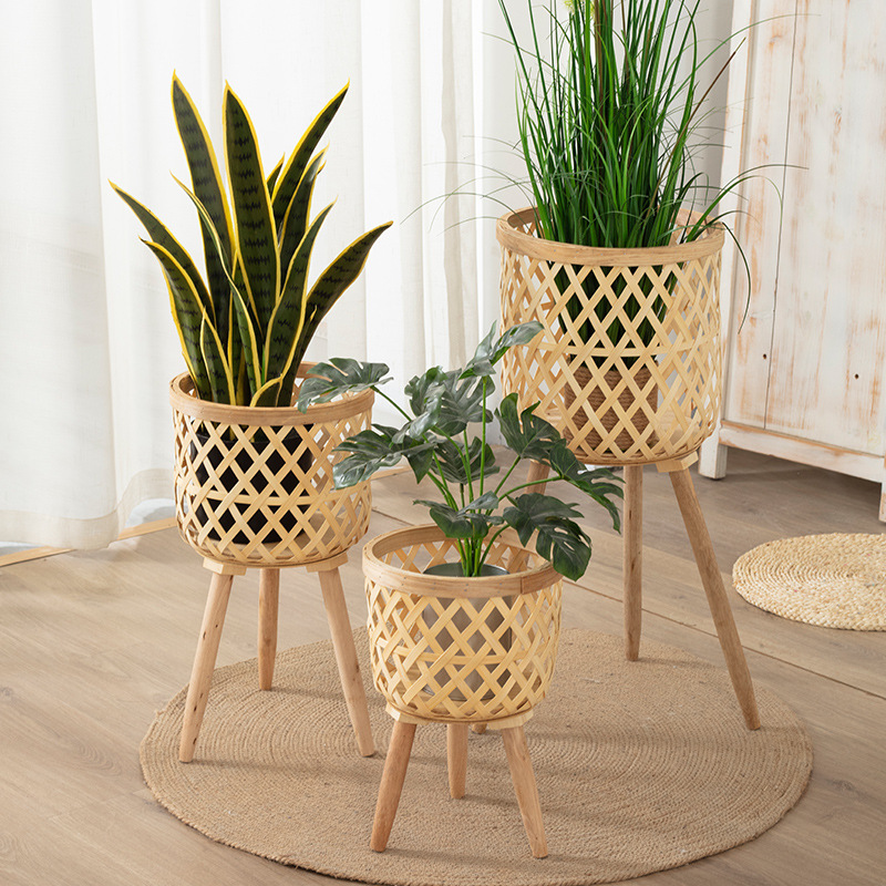 Living Room Plant Bamboo Weaved Flower Basket Decoration Monstera Deliciosa Rattan Woven Flowerpot Balcony Flower Rack Woven Basket