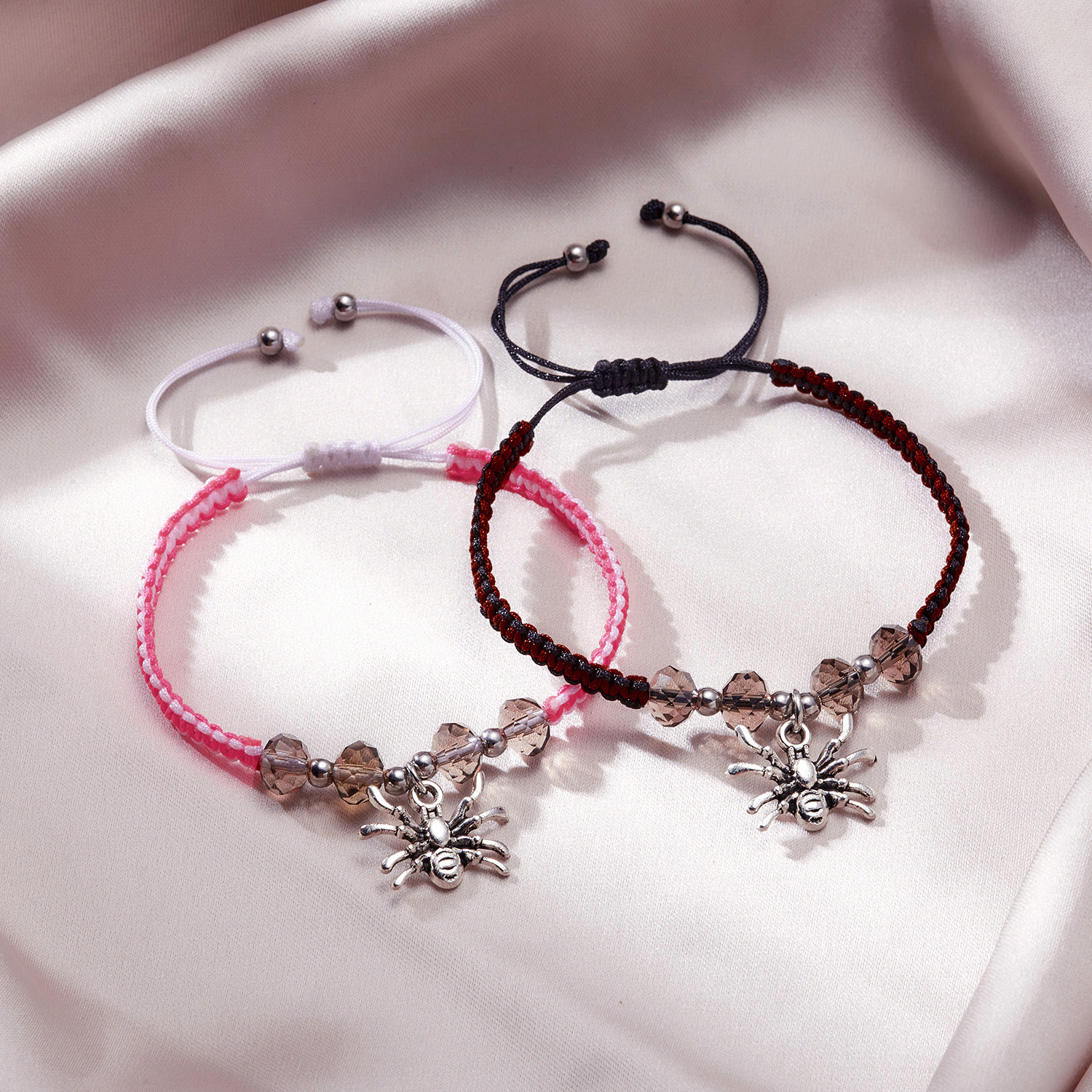 跨境欧美新款万圣节饰品创意蜘蛛手工编织情侣手链可调节手串批发