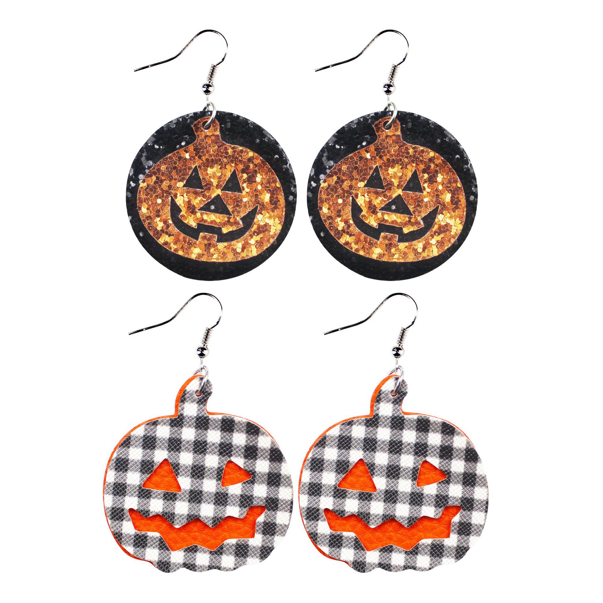 Halloween Double Layer Pumpkin Leather Earrings Eardrops Pu Sequins Festival Cross-Border Amazon