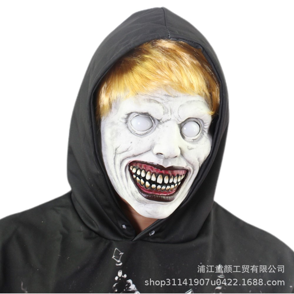 跨境独立站热卖新款万圣节恐怖面具驱魔人微笑白眼恶魔乳胶头套