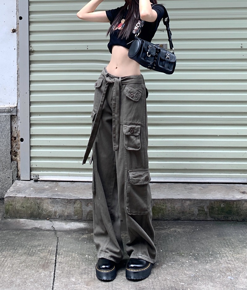 2022夏季工装雅痞风拖地裤夏美式复古腰带宽松多口袋直筒牛仔裤女