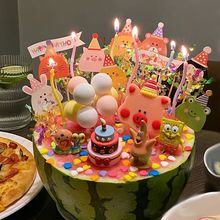 西瓜生日蛋糕装饰diy配件西瓜装扮饭团小动物浪漫生日快乐插代发