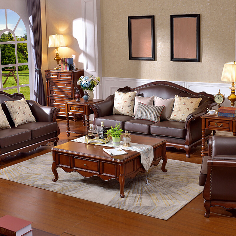 美式轻奢沙发桃花心实木沙发客厅复古风拉扣欧式皮艺别墅沙发家具