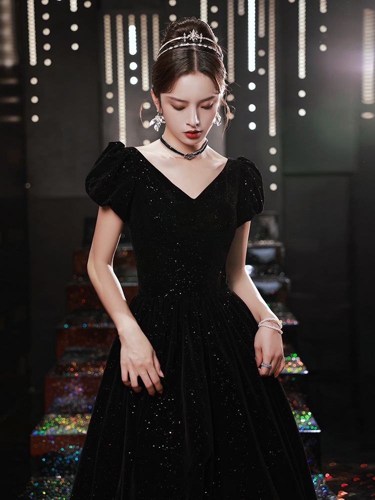 年会礼服2022新款黑色丝绒长款v领主持人连衣裙法式星空宴会礼服