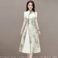 中长款国风印花新中式改良旗袍裙24年夏款短袖修身气质优雅连衣裙