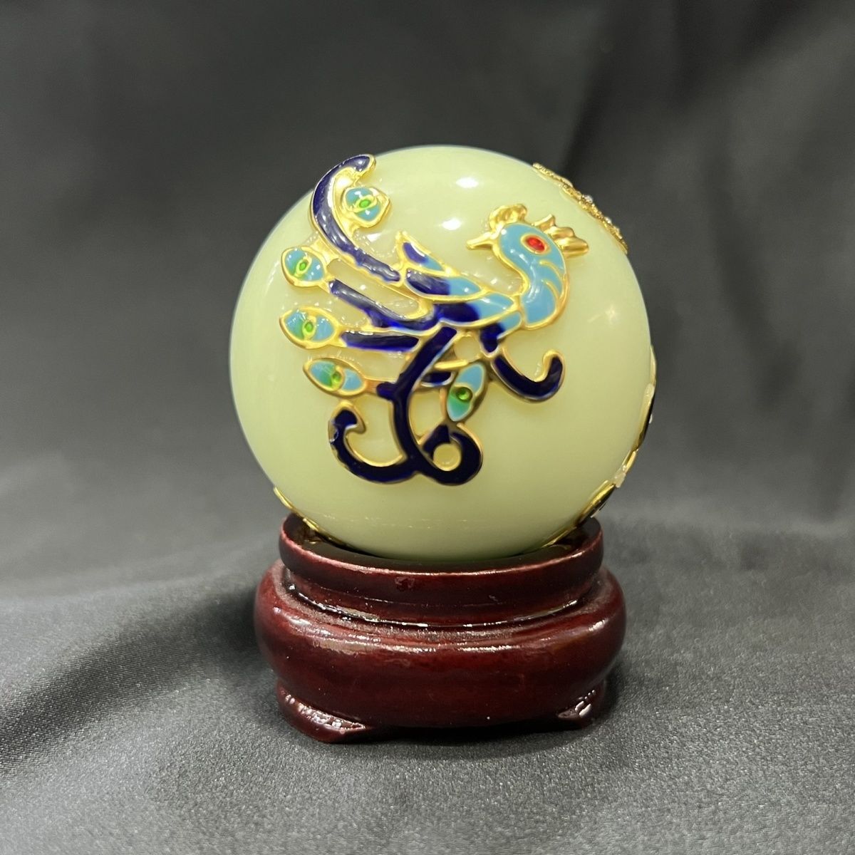 夜光镶嵌双孔雀开屏夜光球玄关家具装饰夜明珠5cm轻奢高档手把件