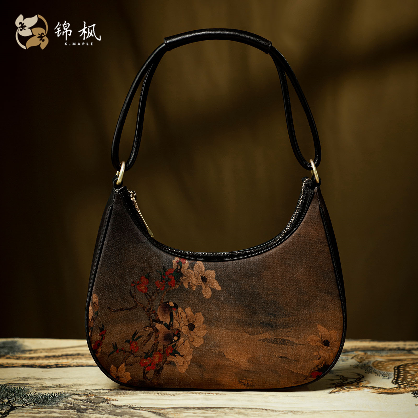 锦枫原创香云纱腋下包中式简约百搭斜挎包真皮包包高档礼品手提包