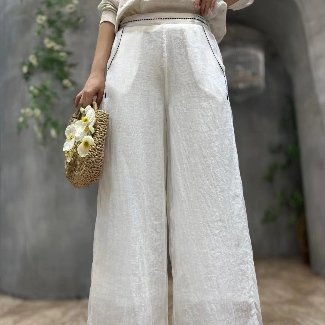 2024夏季新款文艺刺绣苎麻裤子纯色百搭显瘦直筒长裤子女-阿里巴巴