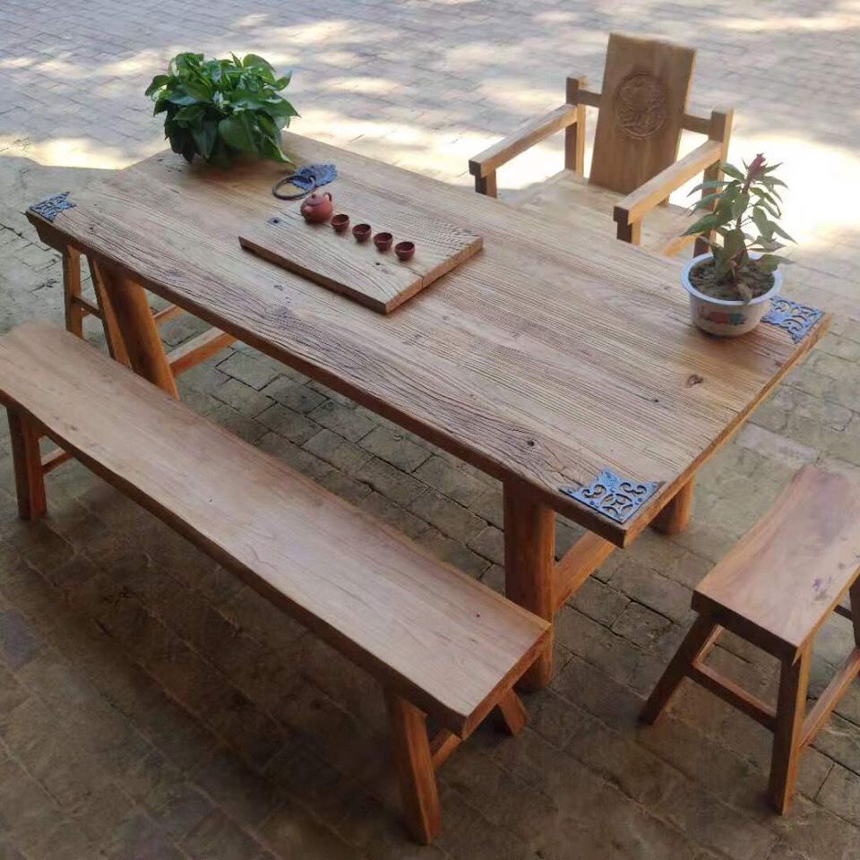 老榆木门板桌实木桌旧木板旧桌子风化餐桌茶桌民宿复古吧台桌门板