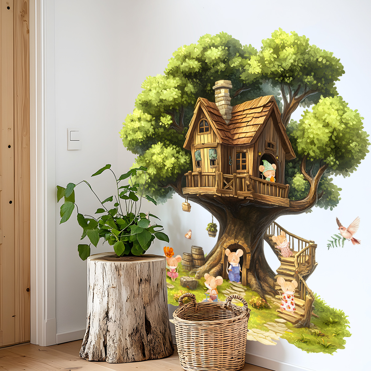 新款ad8056卡通小老鼠树屋墙贴儿童房间客厅墙面装饰家居装饰贴纸