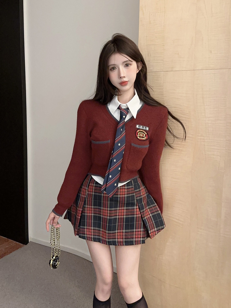 韩剧学院风毛衣套装裙女秋冬季新年穿搭感jk制服纯欲三件套装