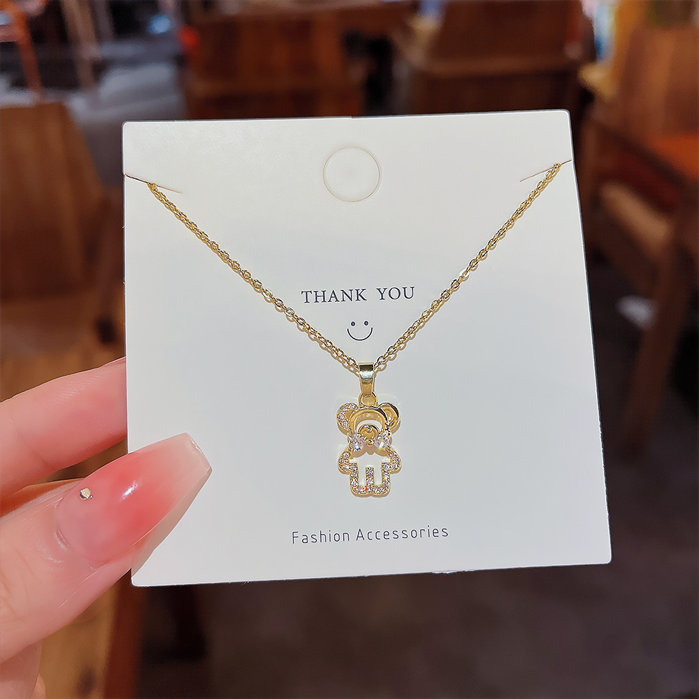 Japanese and Korean Style Cute Bear Titanium Steel Clavicle Chain Non-Fading Copper Micro Inlay Niche Design Pendant Necklace for Women Wholesale
