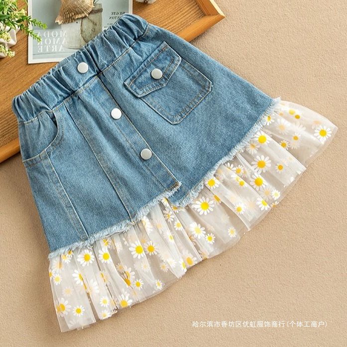 女童牛仔半身裙夏装2020新款儿童裙子雏菊网纱裙夏季女孩牛仔短裙