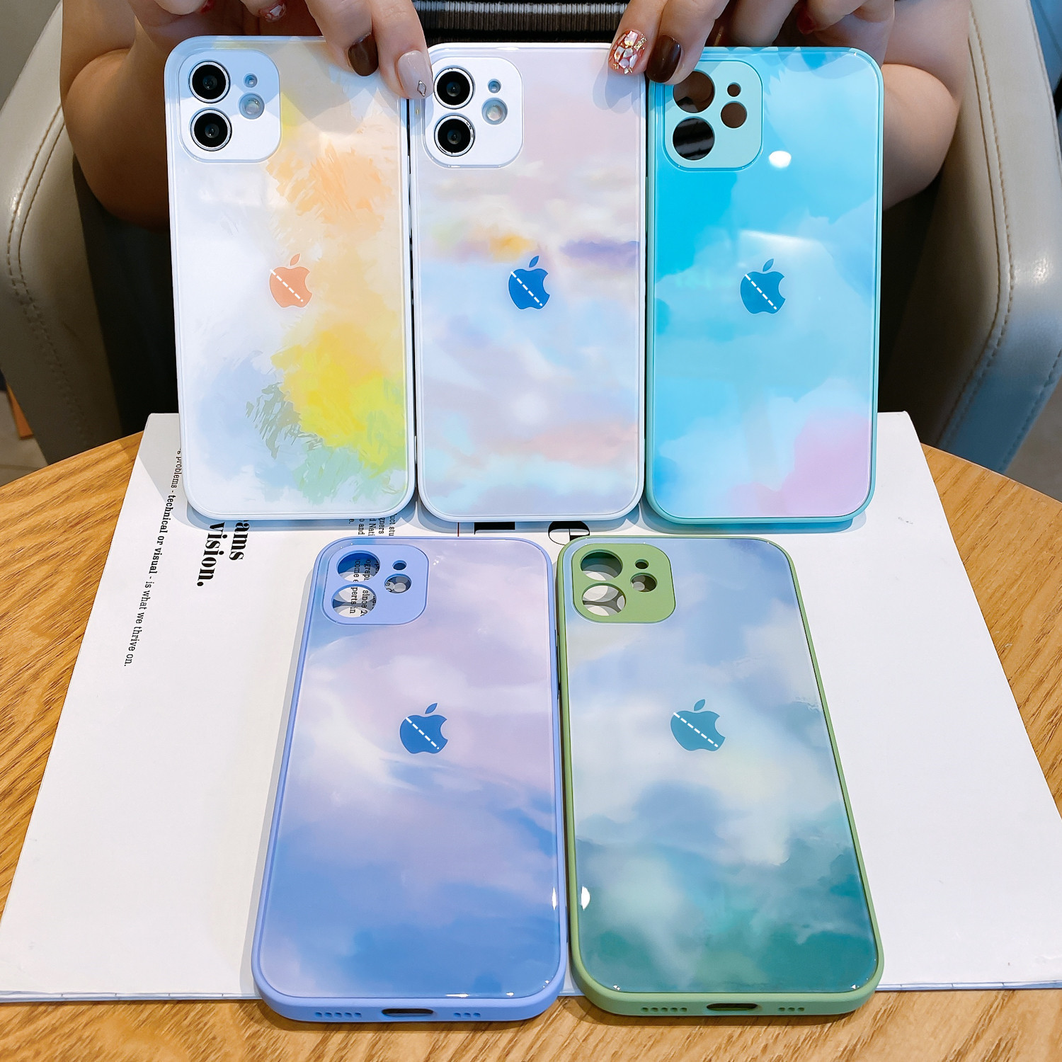 适用iphone14promax水彩玻璃壳苹果13手机壳创意12精孔保护套11