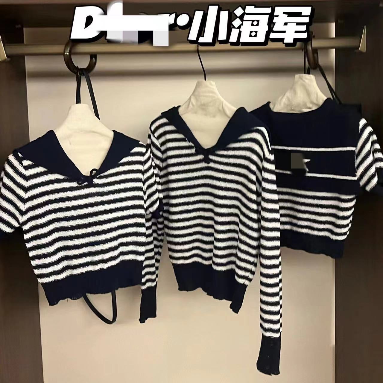 24夏季新款海军领条纹针织衫纽扣上衣减龄百搭学院风宽松洋气t恤