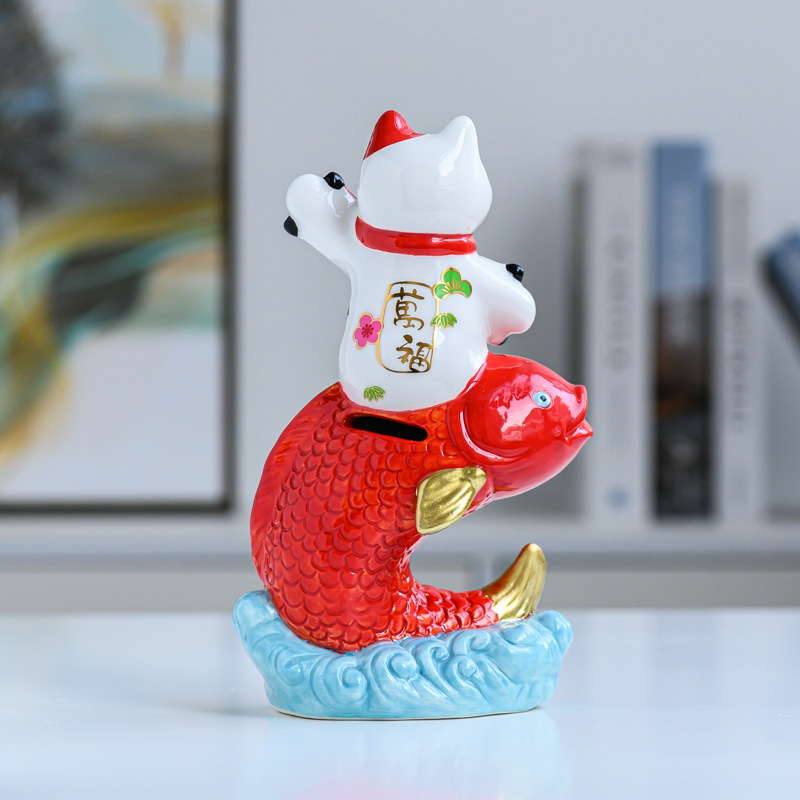 陶瓷厂家招财猫存钱罐摆件锦鲤鱼吉祥物活动礼品定制logo储蓄罐