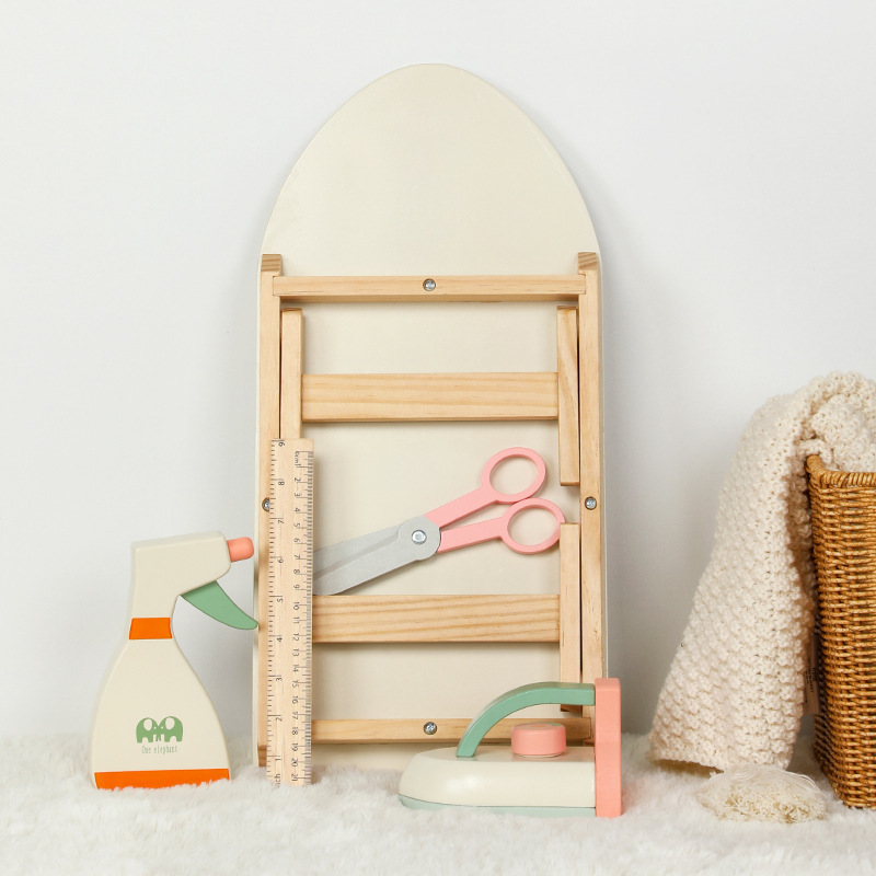 Wooden Simulation Ironing Board Iron Tailor Ironing Clothes Sprinkling Can Toy Folding Storage Play House Simulation Small Household Appliances