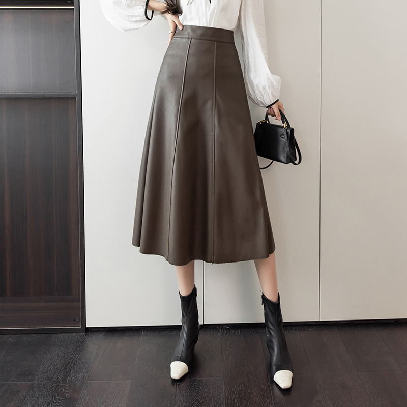 Black Leather Skirt Skirt Mid-Length A- line Skirt Autumn 2023 New Women's Hip Skirt High Waist Umbrella Skirt Skirt