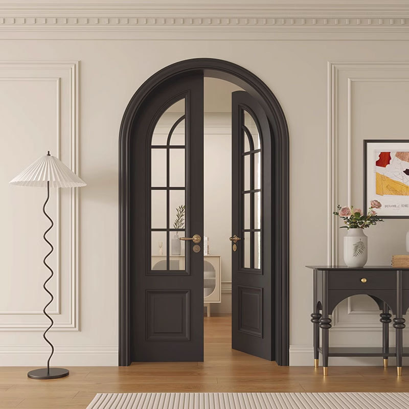 黑色圆弧拱形双开门橡木烤漆门卧室法式复古对开门入户弧形定制