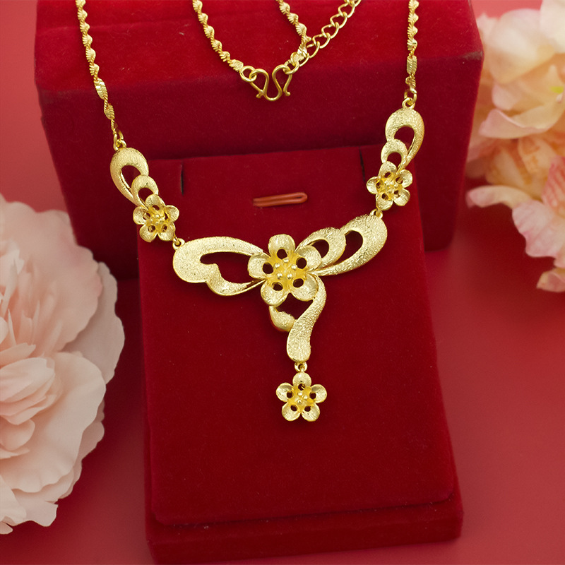 高级花朵沙金项链女纯铜镀24k金磨砂时尚新娘婚庆假三金首饰批发