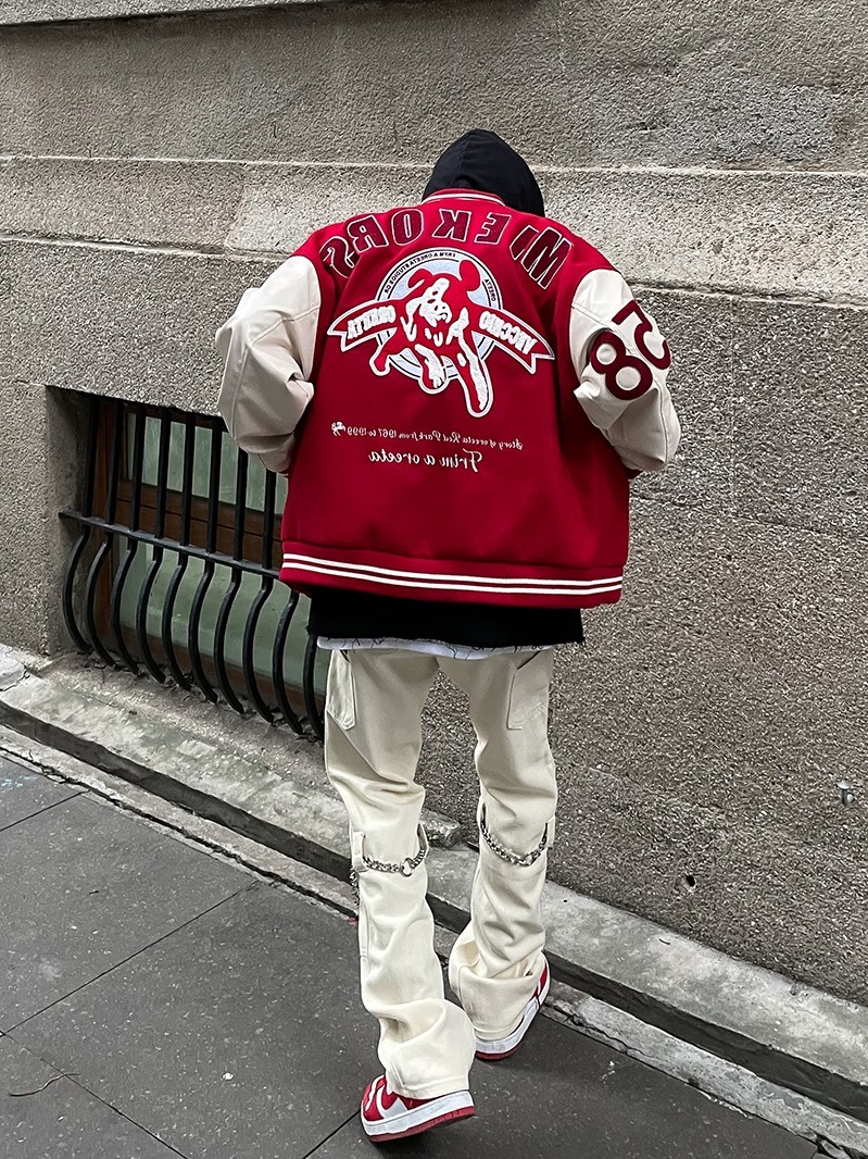 美式高街vibe风刺绣棒球服外套男春季宽松嘻哈拼接pu皮情侣夹克潮