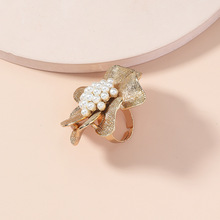 欧美时尚夸张金属合金珍珠花朵戒指简约复古创意设计开口食指戒指