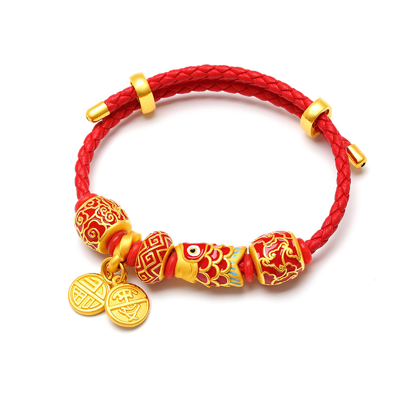 999足金风福字转运珠黄金手链女 金珠子纯金单颗编织锦鲤串珠