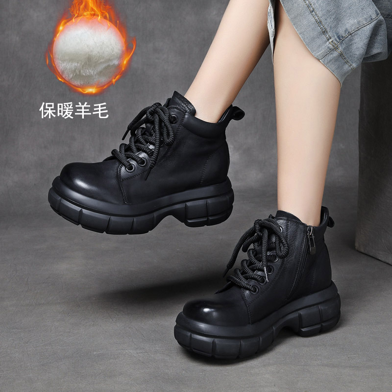 断码清货手工真皮擦色女靴坡跟保暖拉链马丁靴头层牛皮厚底羊毛靴