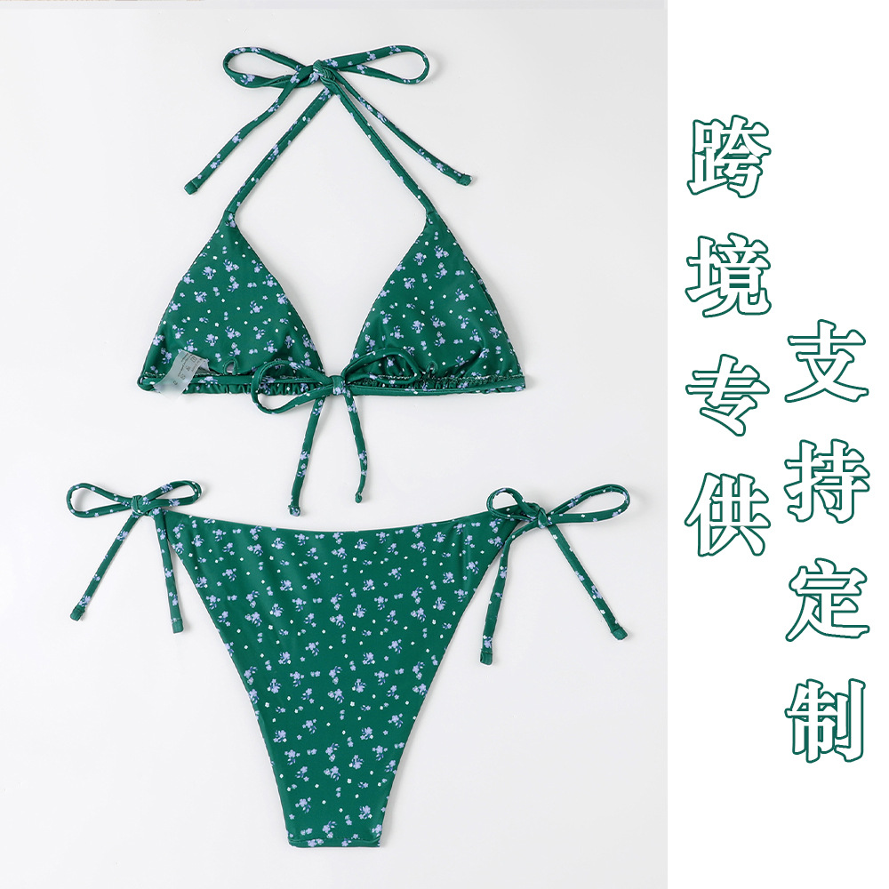 性感小碎花泳衣新款欧美蝴蝶结绑带比基尼分体两件套沙滩温泉外贸