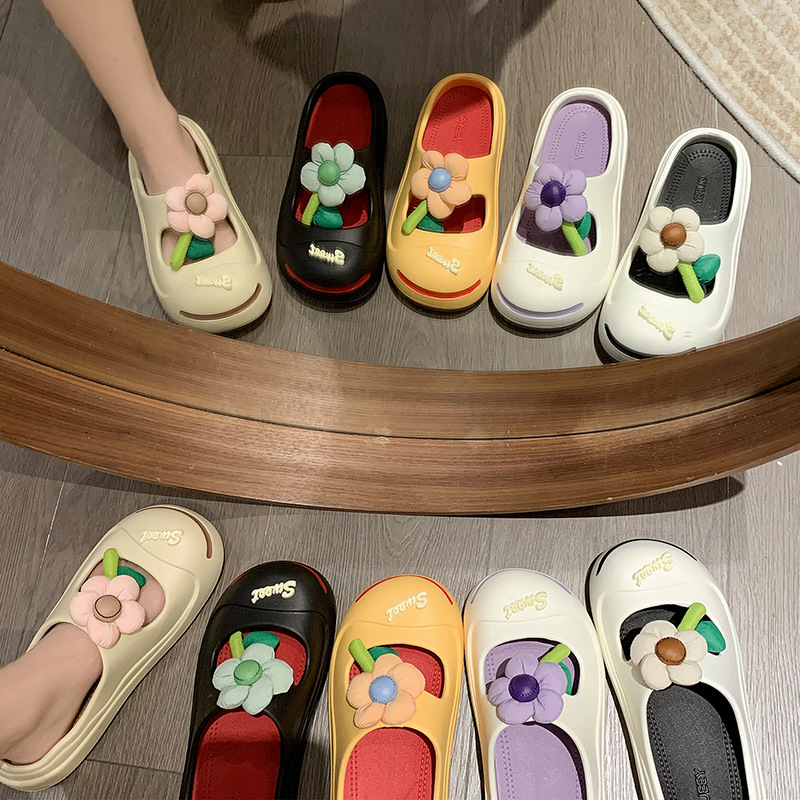 Candy-Colored Flower Closed-Toe Slippers Women's Summer Wear New Cute Slip-on Platform Sandals Beach Hole Shoes Women