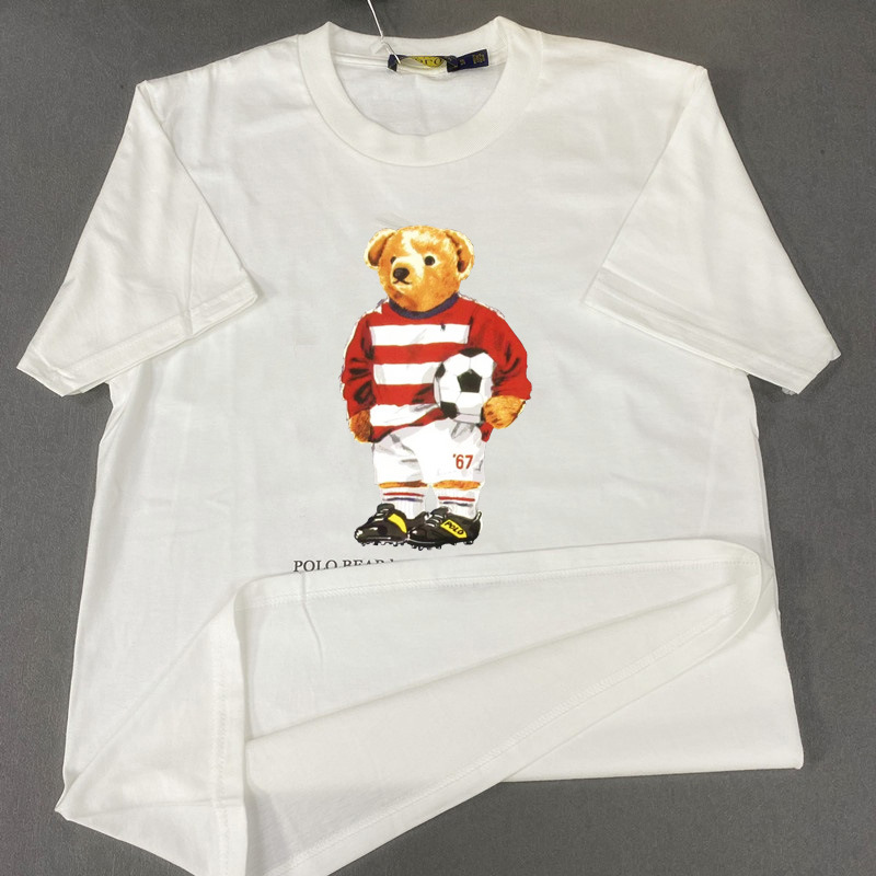 新品日韩t恤polo熊t恤 印花图案100%纯棉t恤男女情侣衫手抱足球熊