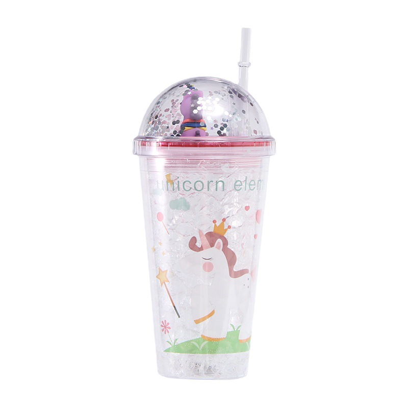 New Creative with Light Double-Layer Plastic Cup Unicorn Doll Ice Crushing Water Cup Portable Student Couple Cup with Straw