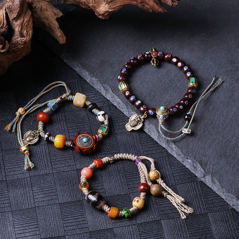 藏式转运莲花手串玛瑙多宝天珠单圈手链星月金刚大鹏鸟手工编织绳