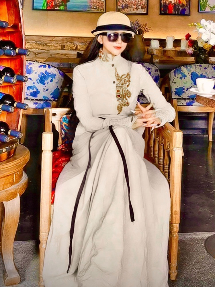 0成交14件2019原创文艺亚麻连衣裙长袖一字领长裙杨丽萍同款连衣裙