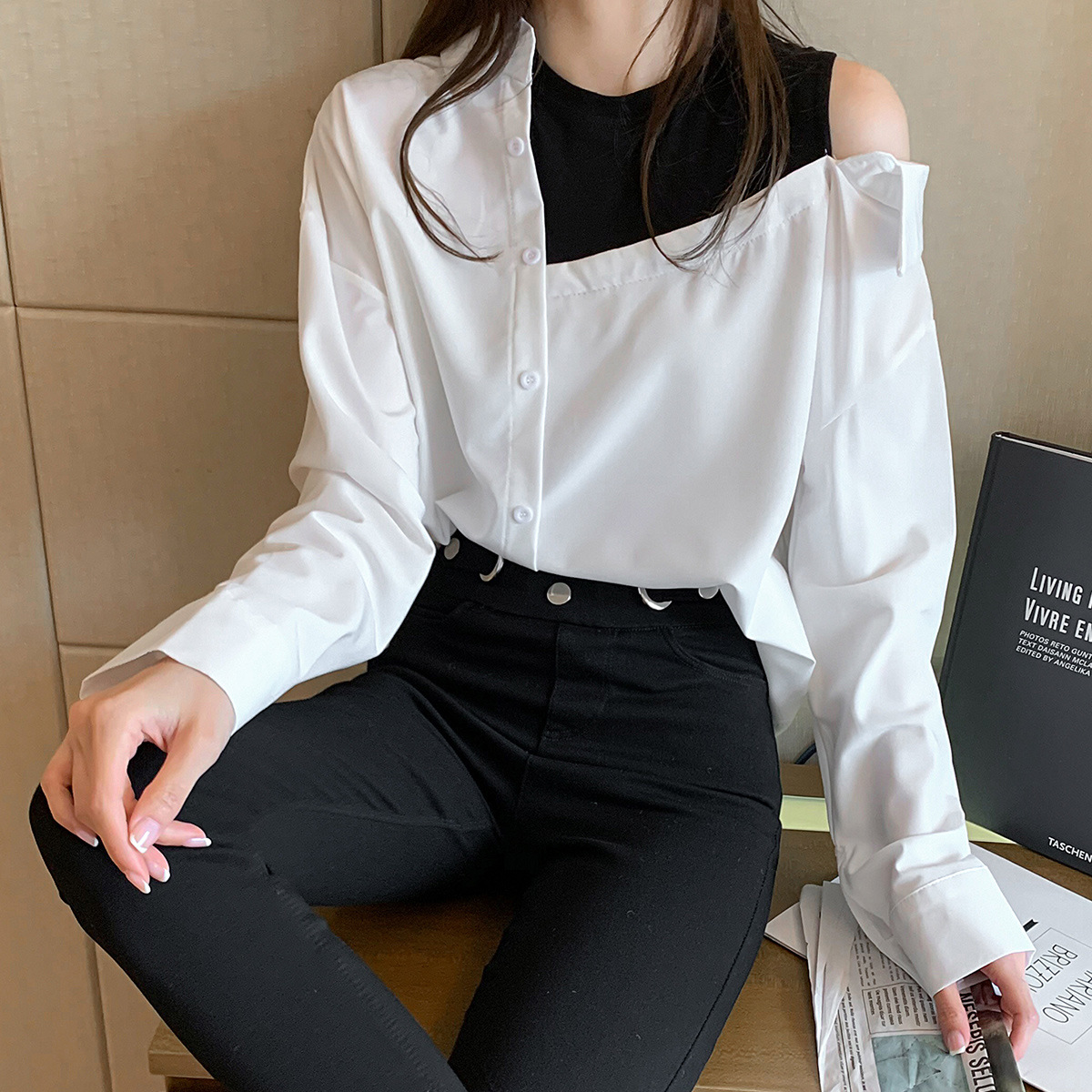 假两件露肩长袖衬衫女春秋装时尚个性上衣设计感小众宽松衬衣批发