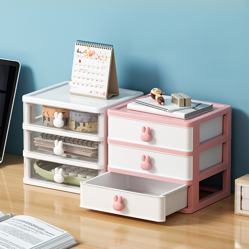 Cartoon Desktop Storage Box Transparent Small Drawer Desk Plastic Mini Storage Box Rabbit Stationery Storage Box