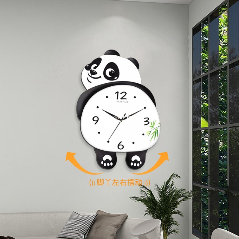 网红熊猫墙上挂钟客厅家用日历时钟创意石英钟静音挂表免打孔钟表