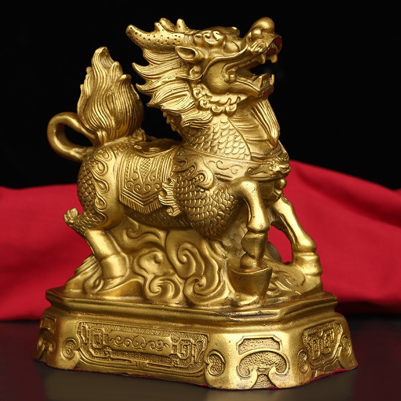 铜麒麟摆件如意踩球踩元宝彩绘黄铜麒麟批发
