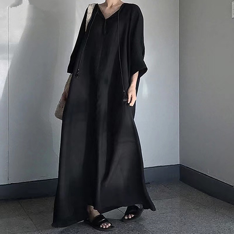 2022 Spring and Autumn New Japanese and Korean V-neck Loose Cotton and Linen Solid Color Simple and Stylish Casual plus Size Long Dress