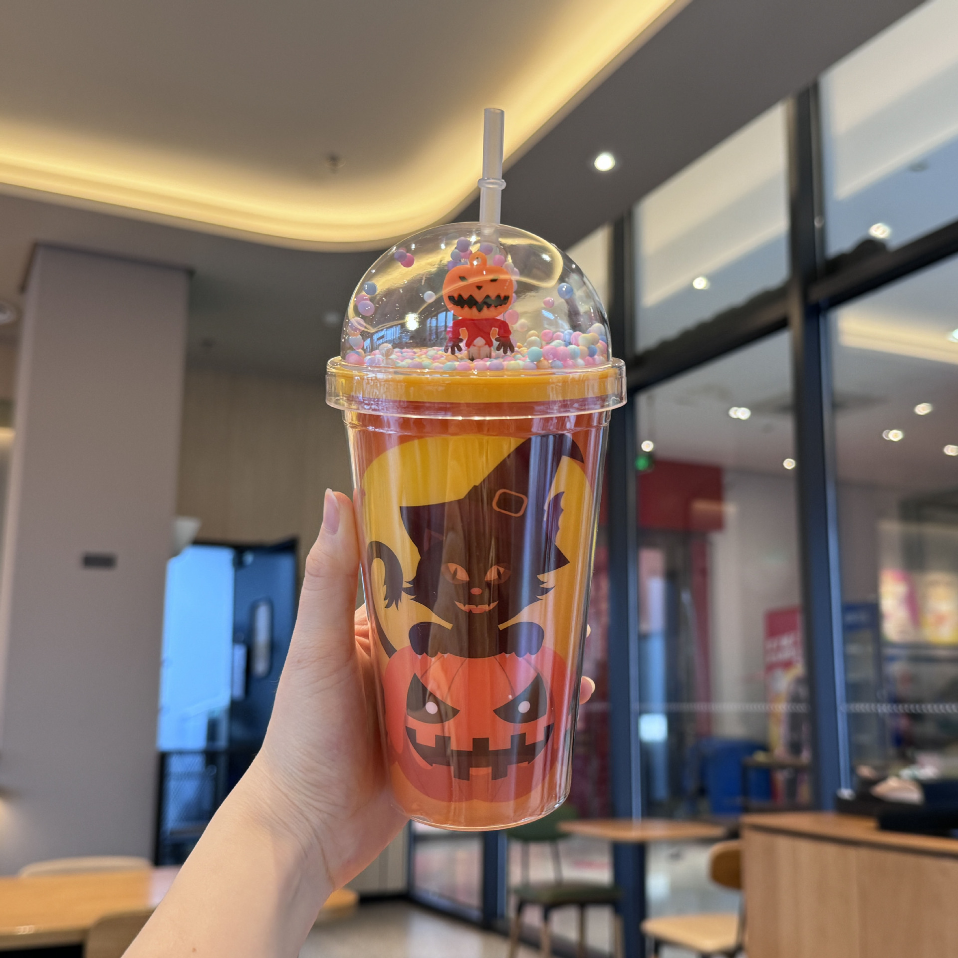 Cross-Border New Halloween Water Cup Wholesale Cartoon Double-Layer Plastic Straw Cup Creative Net Red Milk Tea Cup Viewing Cup